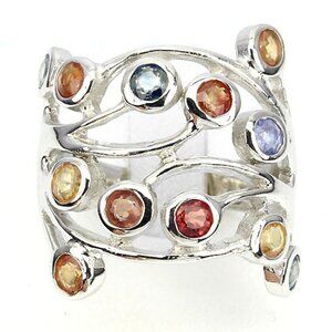 ATTRACTIVE NATURAL GEM TOP FANCY COLORS SAPPHIRE STERLING 925 SILVER RING SZ 6.5